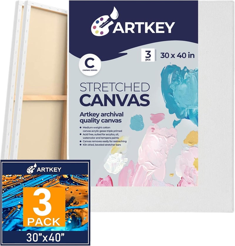 Artkey Large Canvas for Painting 30x40 Inch 3-Pack, 12.3 oz Triple Primed 100% Cotton Stretched Canvas, Blank Large Canvases for Oil Paint Acrylics Pouring & Wet Art Media - Image 1